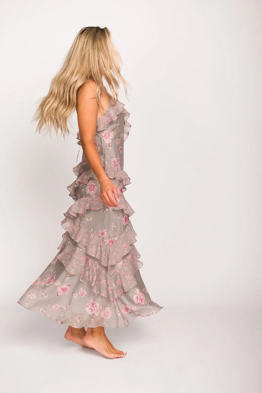 Amelia Ruffle Maxi Dress in Grey/Pink Floral *Final-Sale* sold by Worth Collective product image thumbnail 5