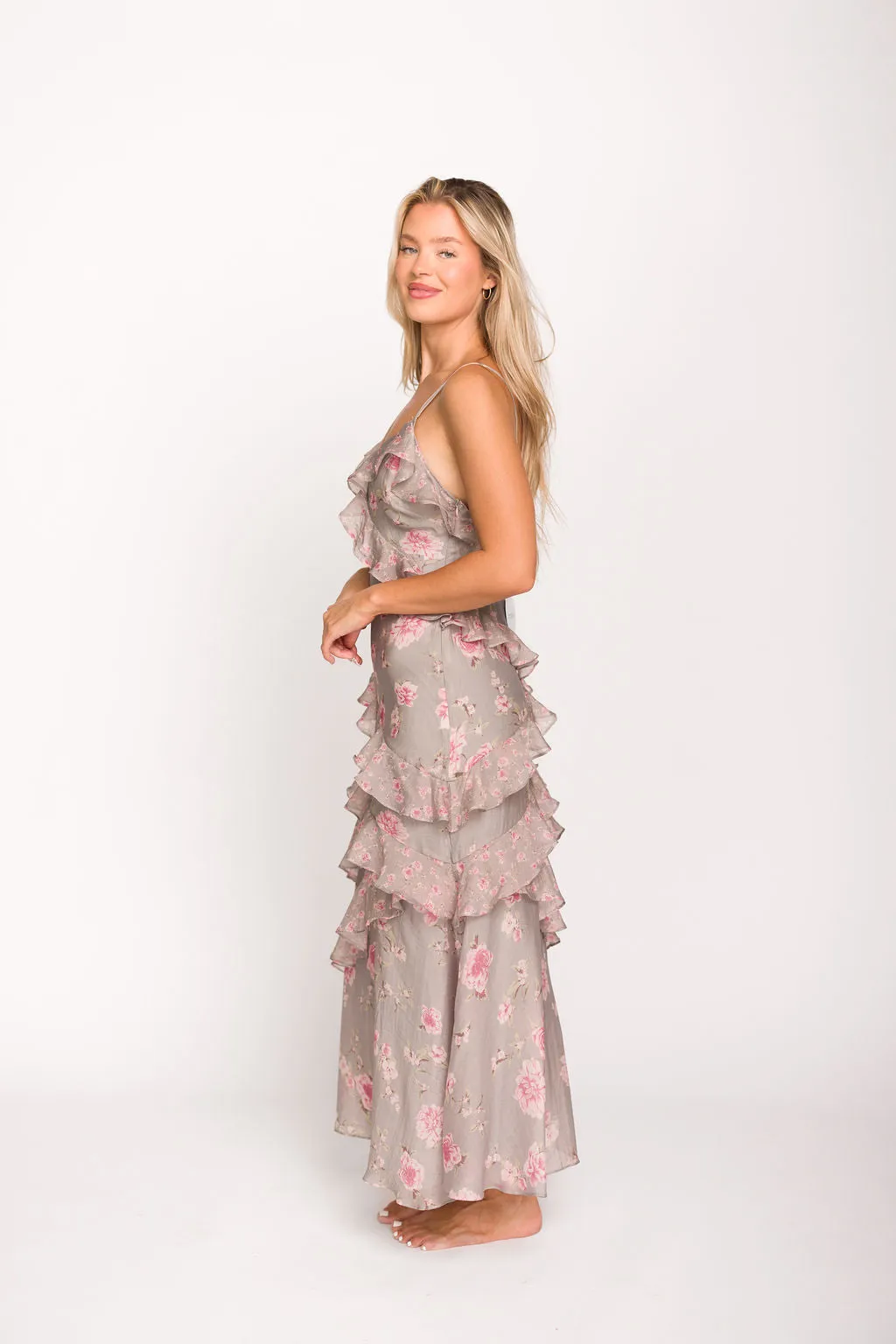 Amelia Ruffle Maxi Dress in Grey/Pink Floral *Final-Sale* sold by Worth Collective product image thumbnail 3