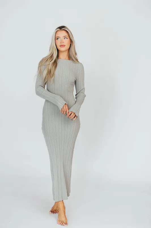 Allie Long Sleeve Ribbed Maxi Dress in Mint Sky Grey sold by Worth Collective
