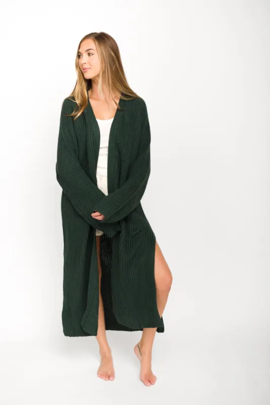 Janelle Open Front Long Cardigan Sweater in Real Green sold by Worth Collective