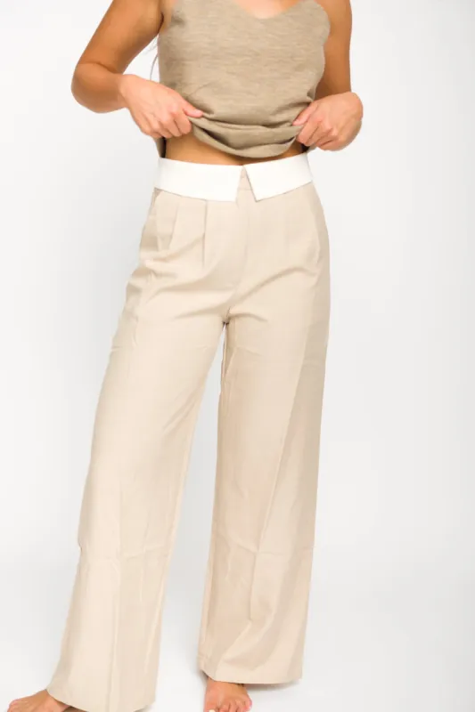 Penelope Tailored Trousers With Contrast Folded Waist in Taupe/Beige sold by Worth Collective