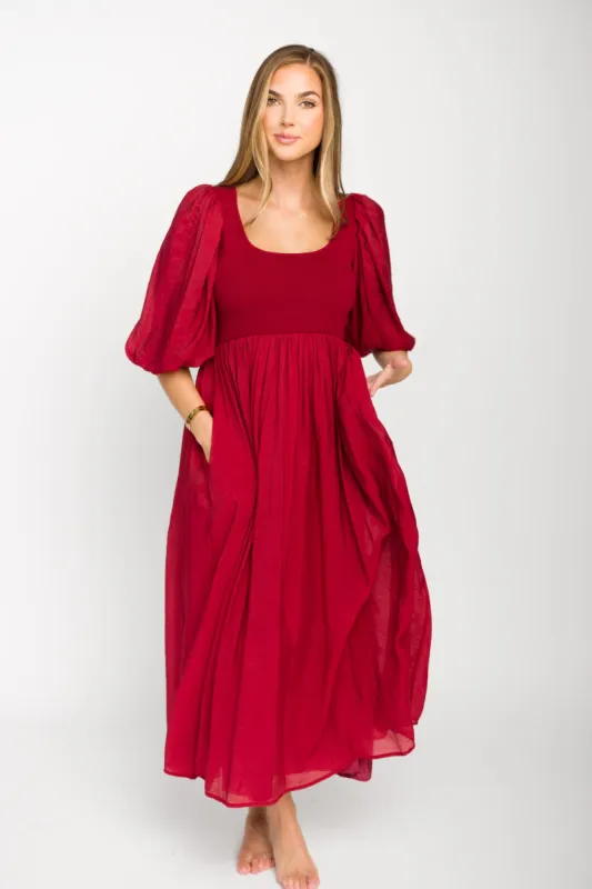 Raina Combination Midi Dress with Puff Sleeves in Burgundy - Bump Friendly sold by Worth Collective