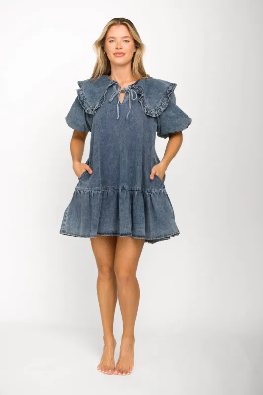 Cecile Denim Mini Dress with Collar in Medium Wash sold by Worth Collective