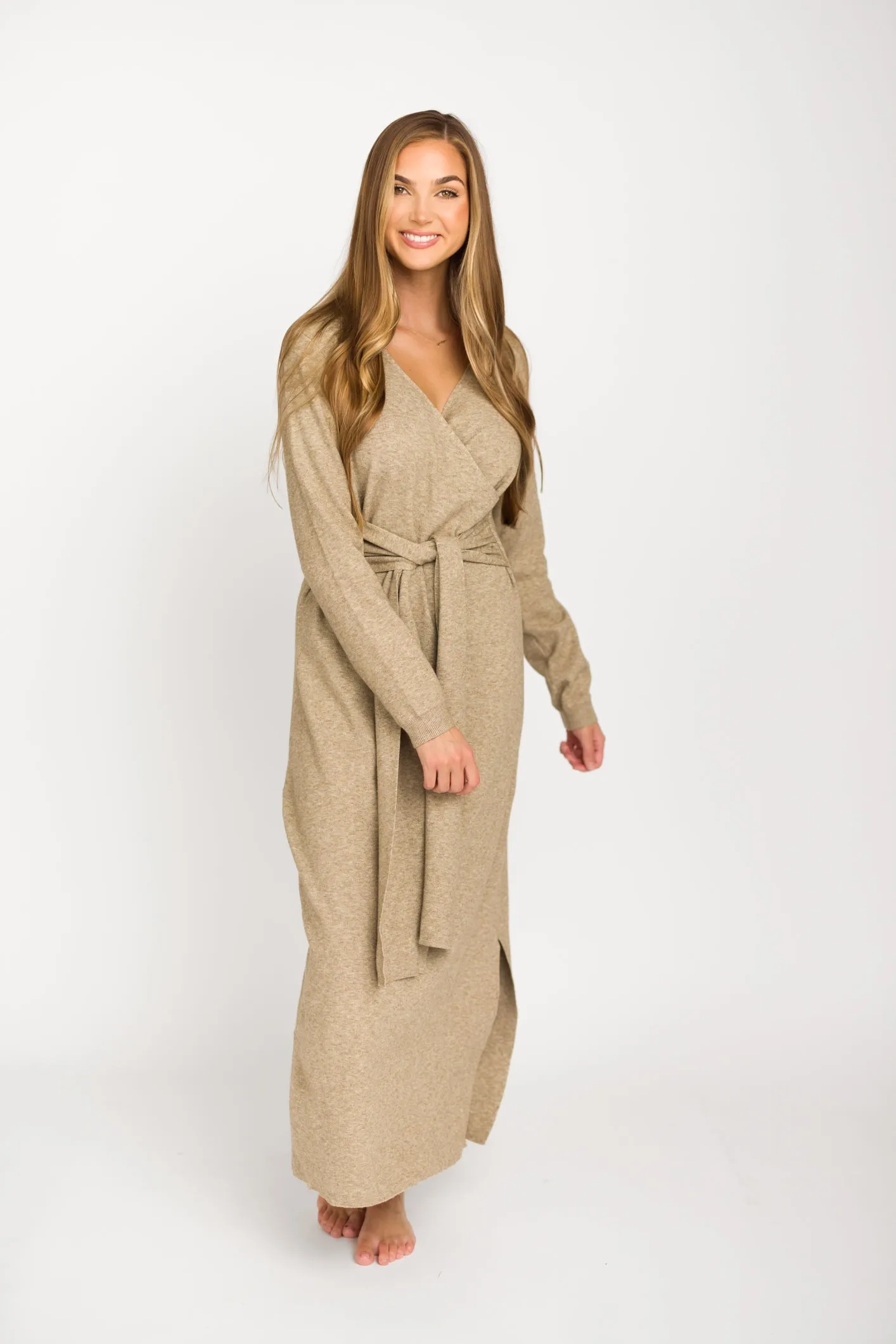 Harley Heathered Knit Midi Wrap Dress in Beige - Bump Friendly sold by Worth Collective product image thumbnail 3