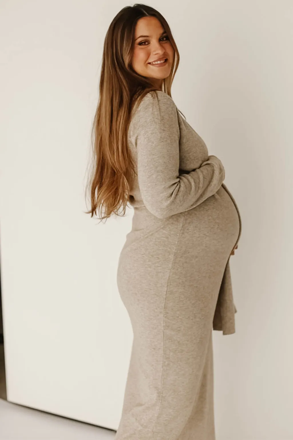 Harley Heathered Knit Midi Wrap Dress in Beige - Bump Friendly sold by Worth Collective product image thumbnail 2