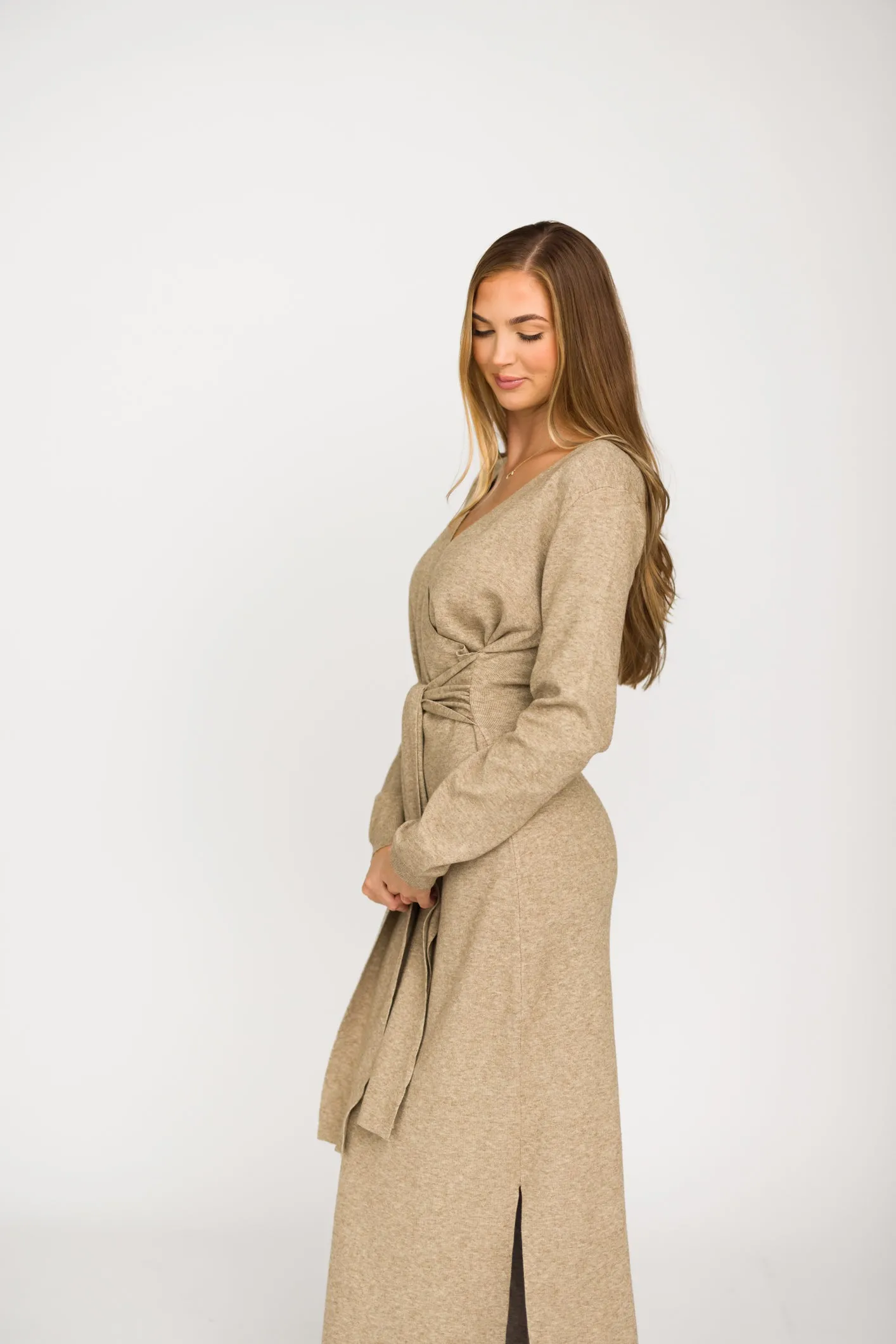 Harley Heathered Knit Midi Wrap Dress in Beige - Bump Friendly sold by Worth Collective product image thumbnail 4