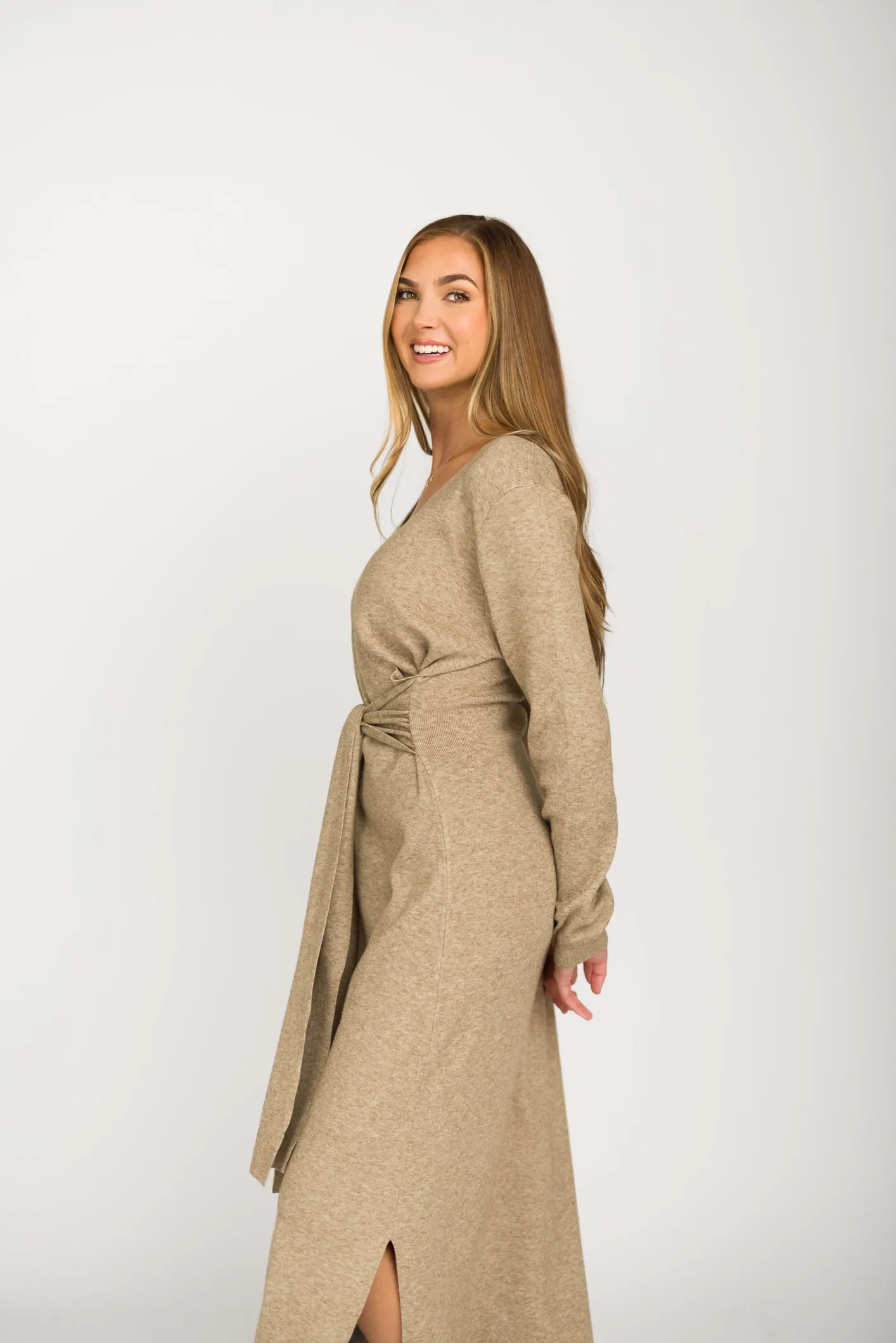 Harley Heathered Knit Midi Wrap Dress in Beige - Bump Friendly sold by Worth Collective product image thumbnail 5
