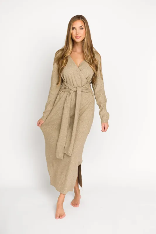 Harley Heathered Knit Midi Wrap Dress in Beige - Bump Friendly made by Storia