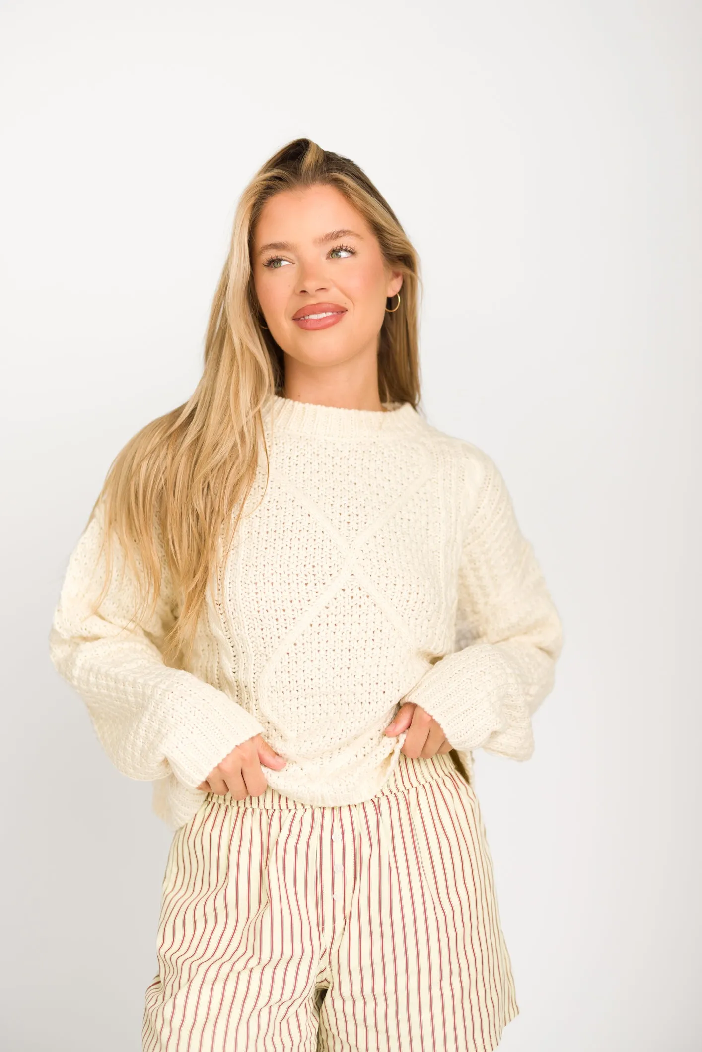 Dove Cable Front Sweater in Ivory sold by Worth Collective