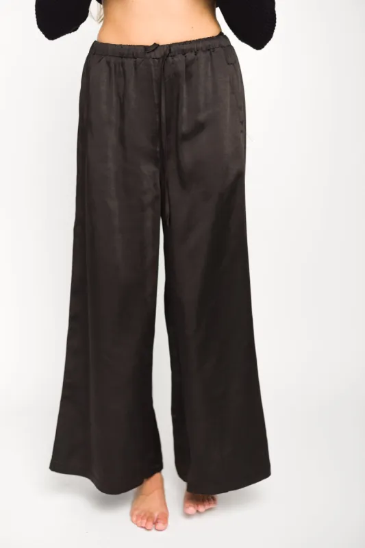 Mari Wide Leg Satin Pants in Black sold by Worth Collective