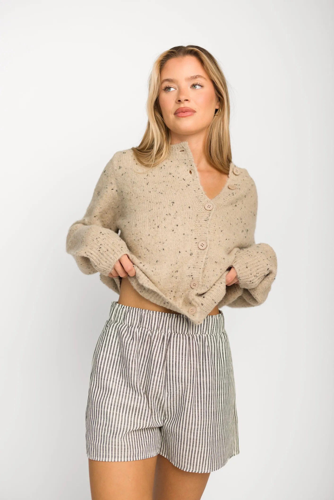 Chantelle Linen Blend Shorts in Ivory/Black Stripe sold by Worth Collective