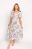 Elena 100% Cotton Toile Print Smocked Midi Dress in Blue - Bump Friendly sold by Worth Collective