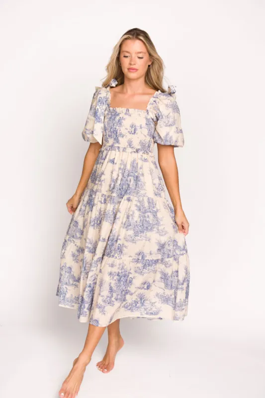 Elena 100% Cotton Toile Print Smocked Midi Dress in Blue - Bump Friendly sold by Worth Collective