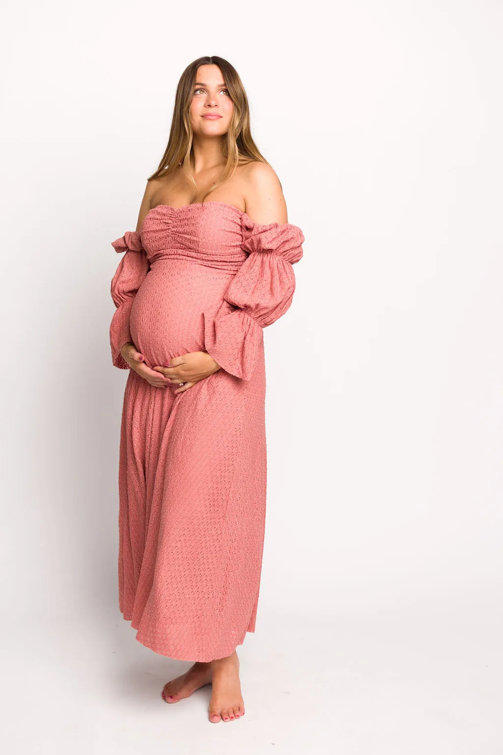 Corrine Tiered Sleeve Maxi Dress with Pockets in Dusty Rose - Bump Friendly sold by Worth Collective