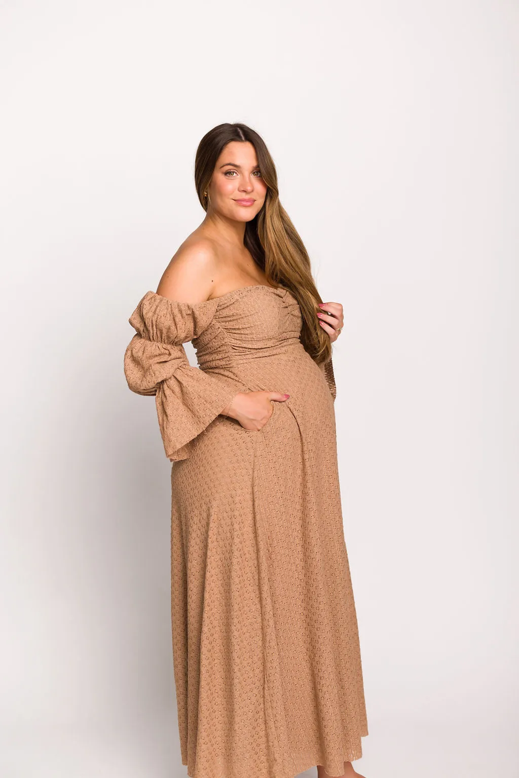 Corrine Tiered Sleeve Maxi Dress with Pockets in Caramel Taupe - Bump Friendly sold by Worth Collective