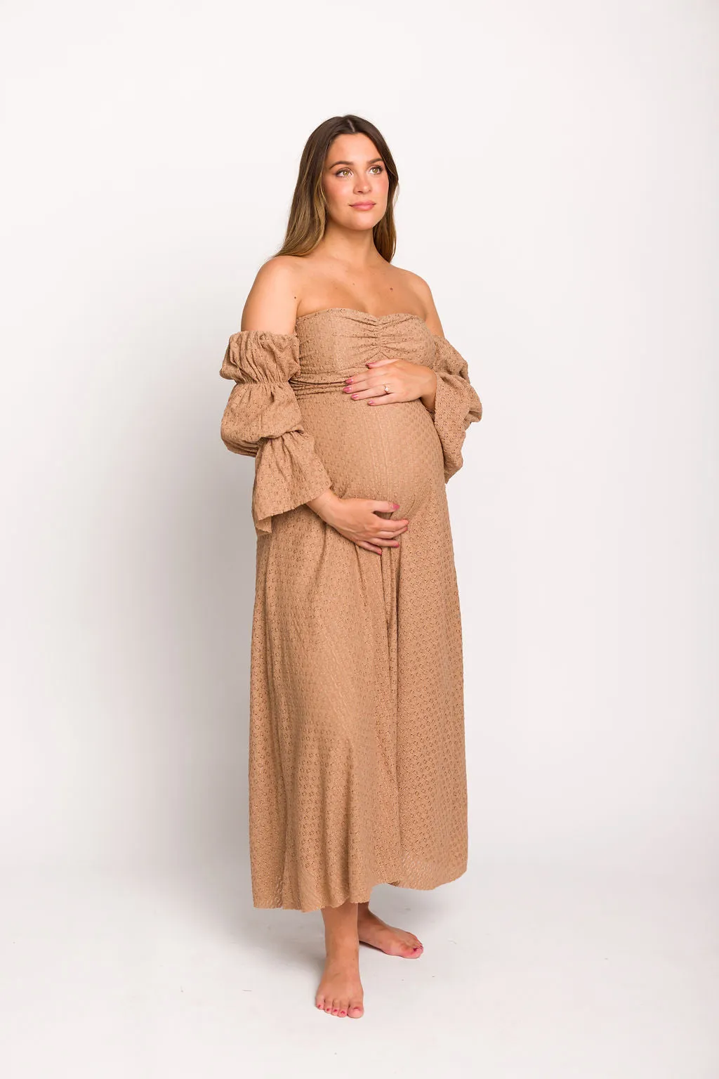 Corrine Tiered Sleeve Maxi Dress with Pockets in Caramel Taupe - Bump Friendly sold by Worth Collective product image thumbnail 3