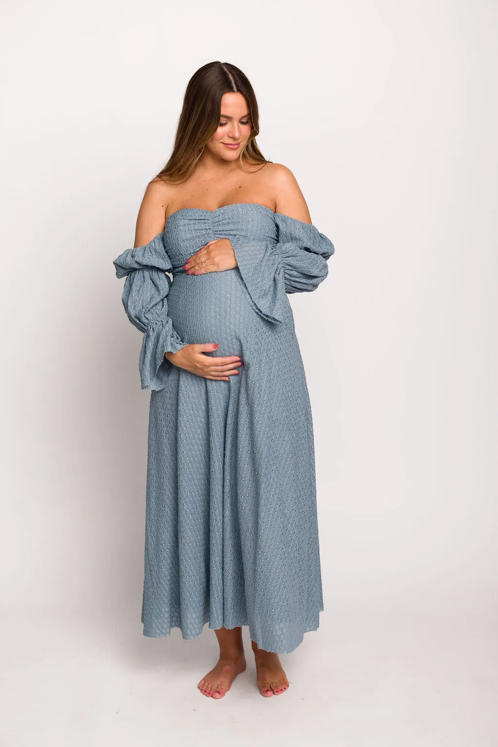 Corrine Tiered Sleeve Maxi Dress with Pockets in Dusty Sky - Bump Friendly sold by Worth Collective