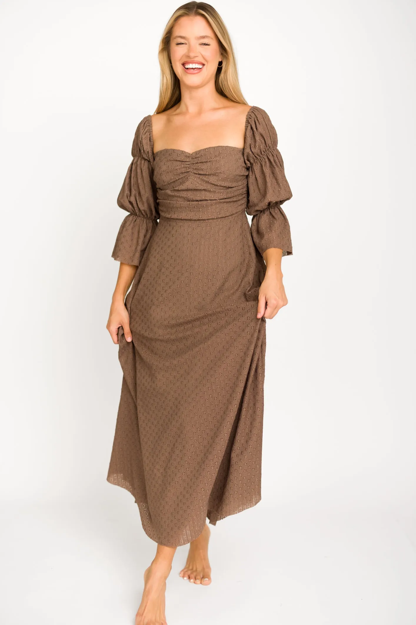 Corrine Tiered Sleeve Maxi Dress with Pockets in Deep Mocha - Bump Friendly sold by Worth Collective