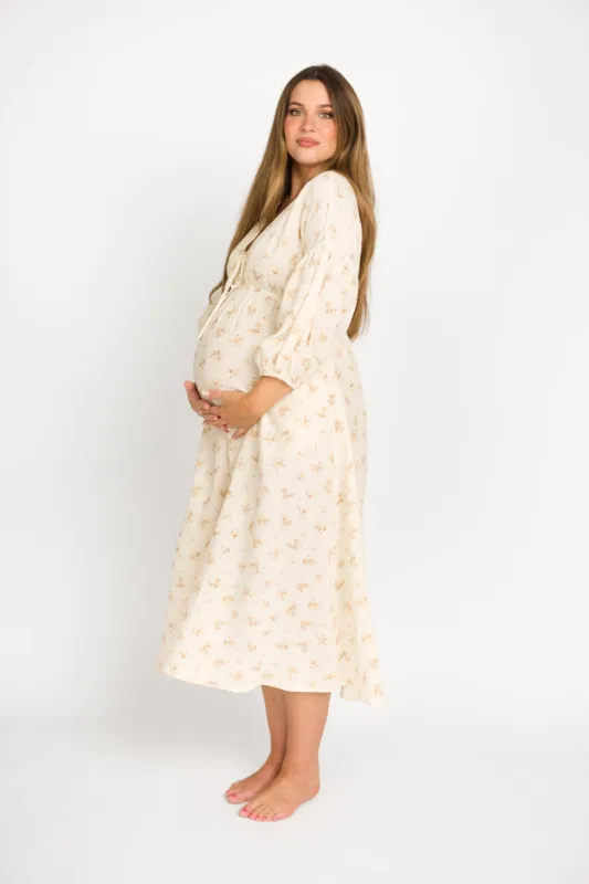 Hunter 100% Cotton Gauze Midi Dress in Taupe Floral - Bump Friendly sold by Worth Collective