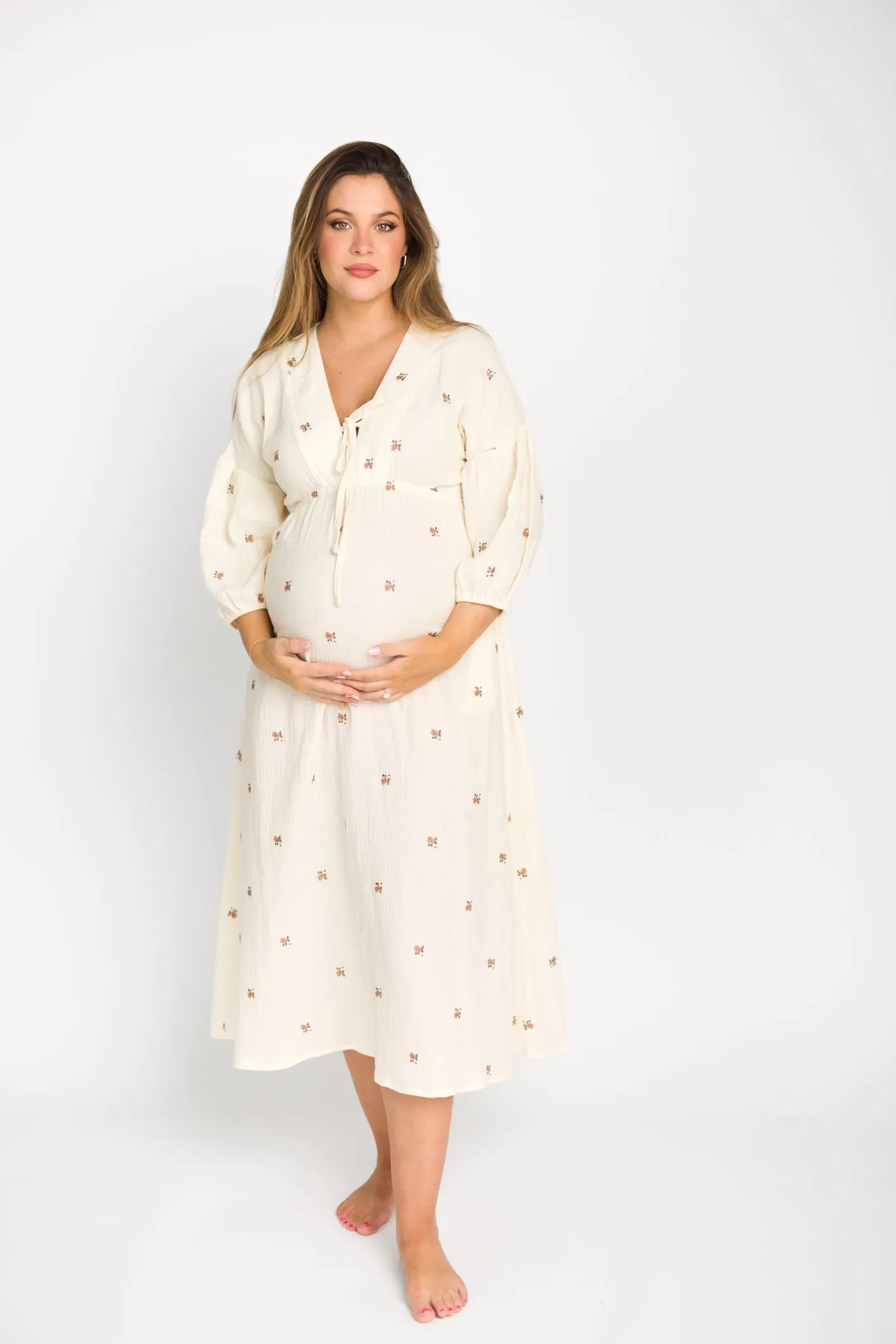 Hunter 100% Cotton Gauze Midi Dress in Soy/Pink Floral - Bump Friendly sold by Worth Collective