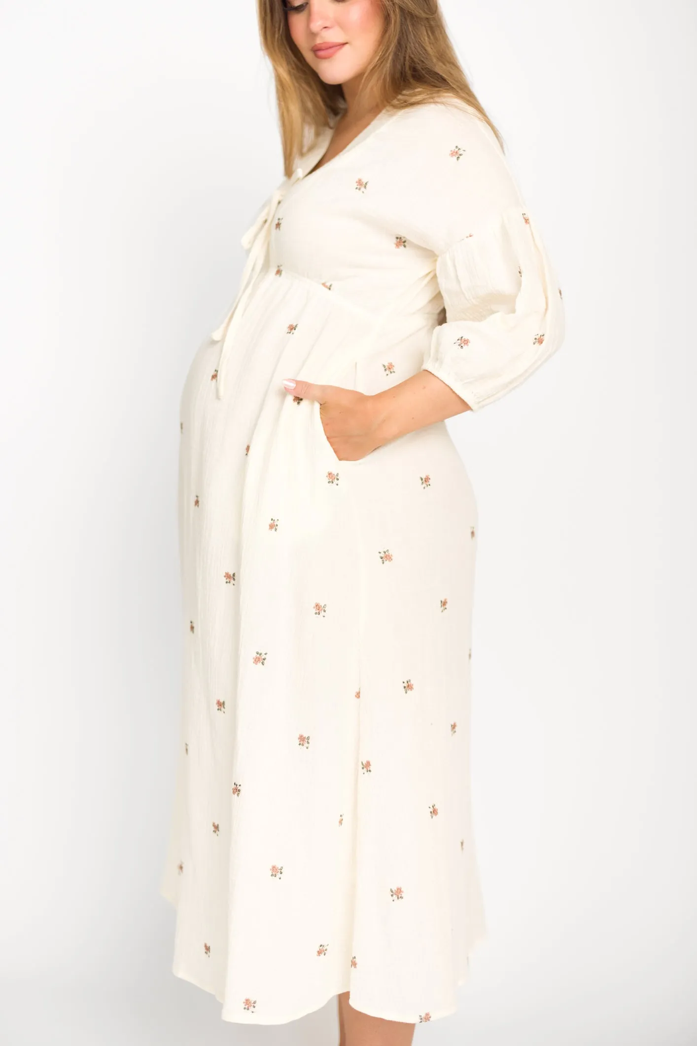 Hunter 100% Cotton Gauze Midi Dress in Soy/Pink Floral - Bump Friendly sold by Worth Collective product image thumbnail 4