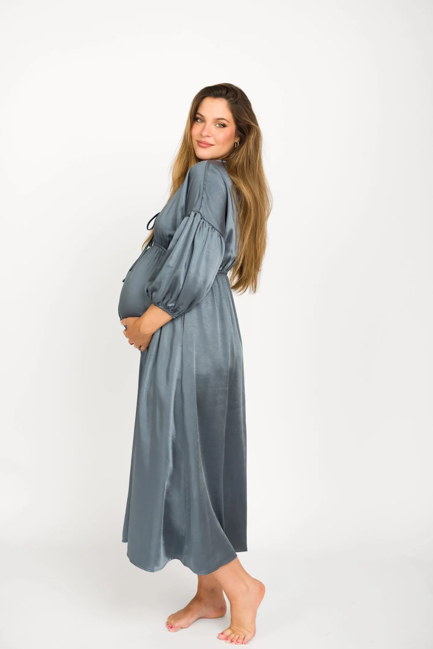 Hunter Premium *Satin* Midi Dress in Blue Granite - Bump Friendly sold by Worth Collective product image thumbnail 3