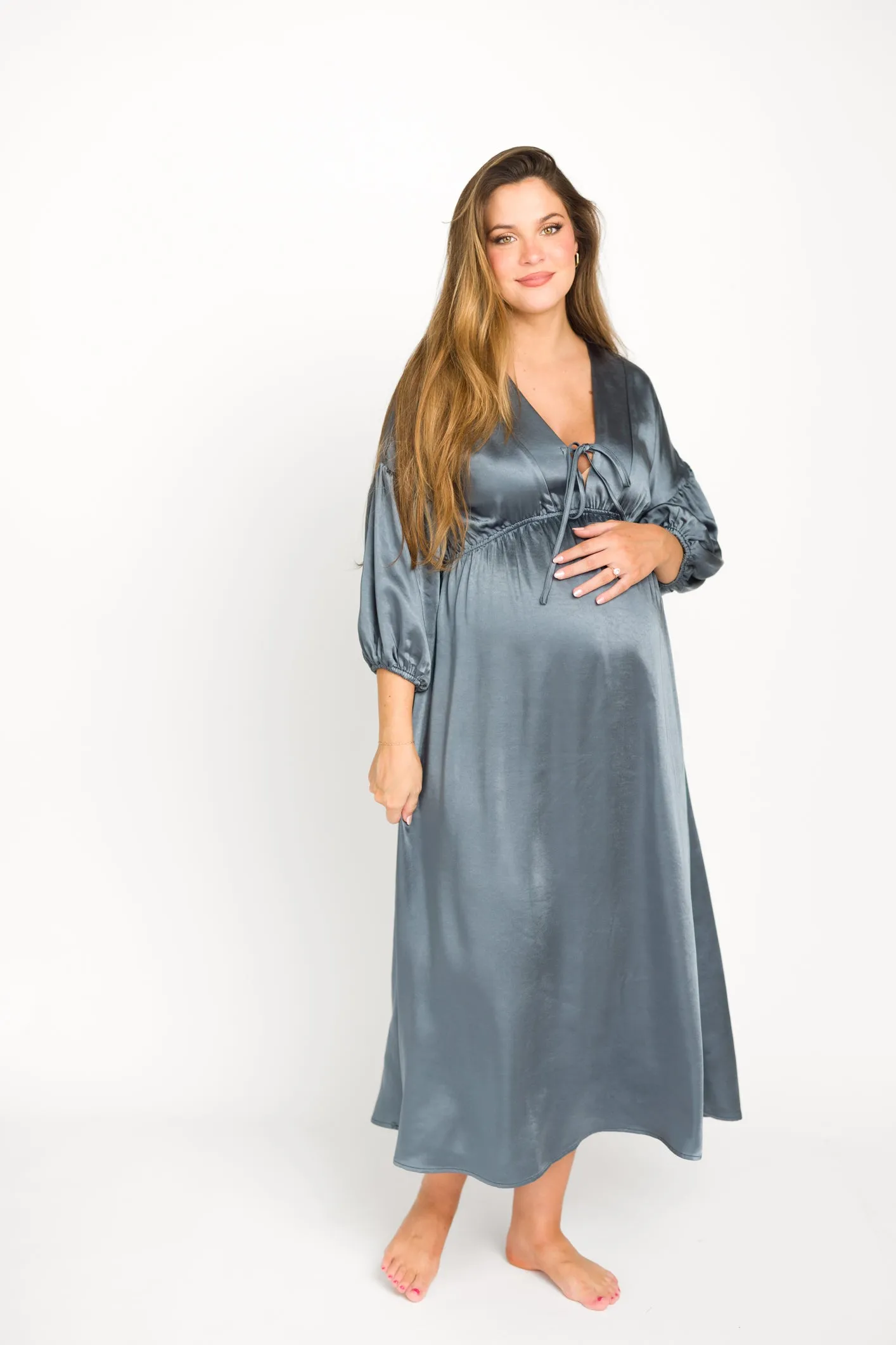 Hunter Premium *Satin* Midi Dress in Blue Granite - Bump Friendly sold by Worth Collective