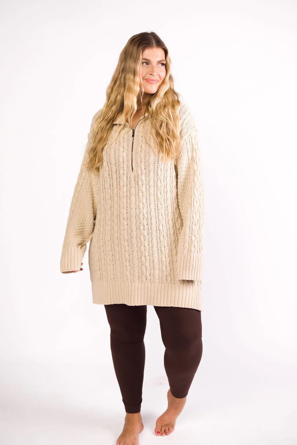 Jenna Cable-Knit Mini Sweater Dress in Oatmeal sold by Worth Collective product image thumbnail 5