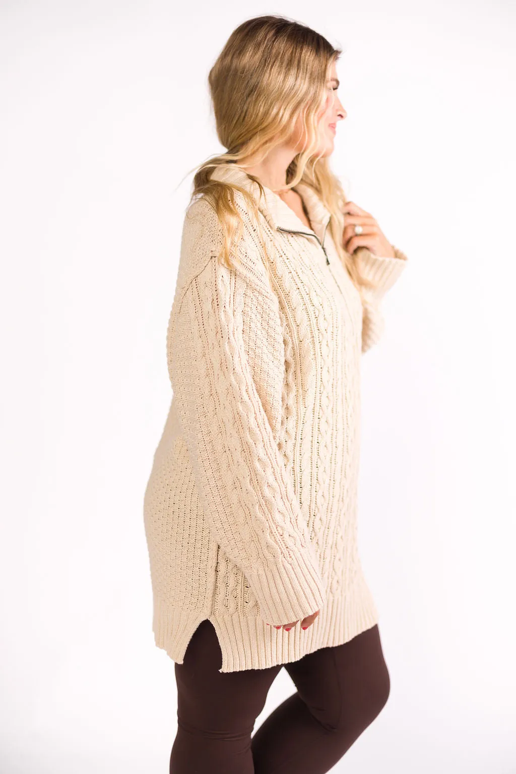 Jenna Cable-Knit Mini Sweater Dress in Oatmeal sold by Worth Collective product image thumbnail 4
