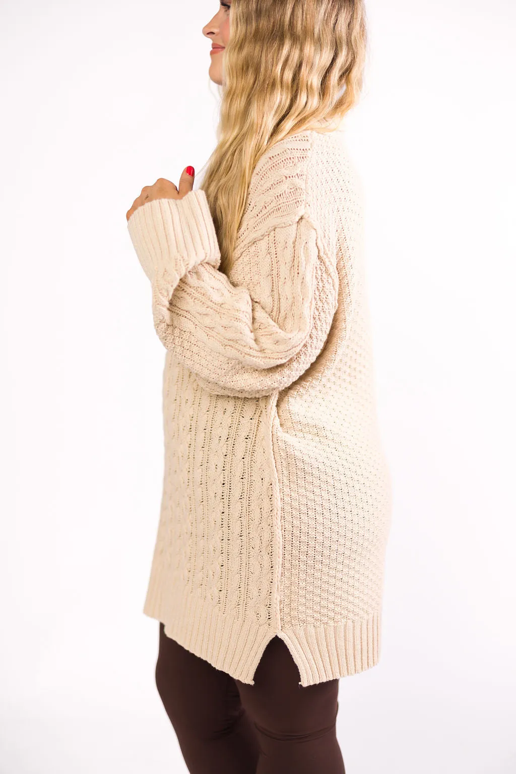 Jenna Cable-Knit Mini Sweater Dress in Oatmeal sold by Worth Collective product image thumbnail 3