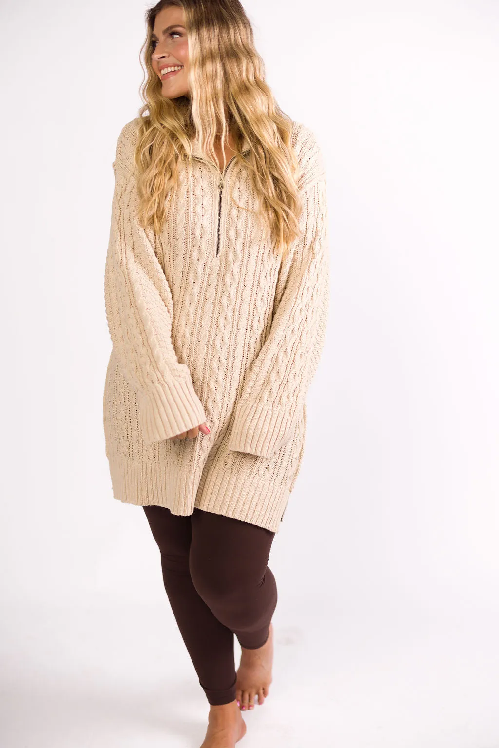 Jenna Cable-Knit Mini Sweater Dress in Oatmeal sold by Worth Collective