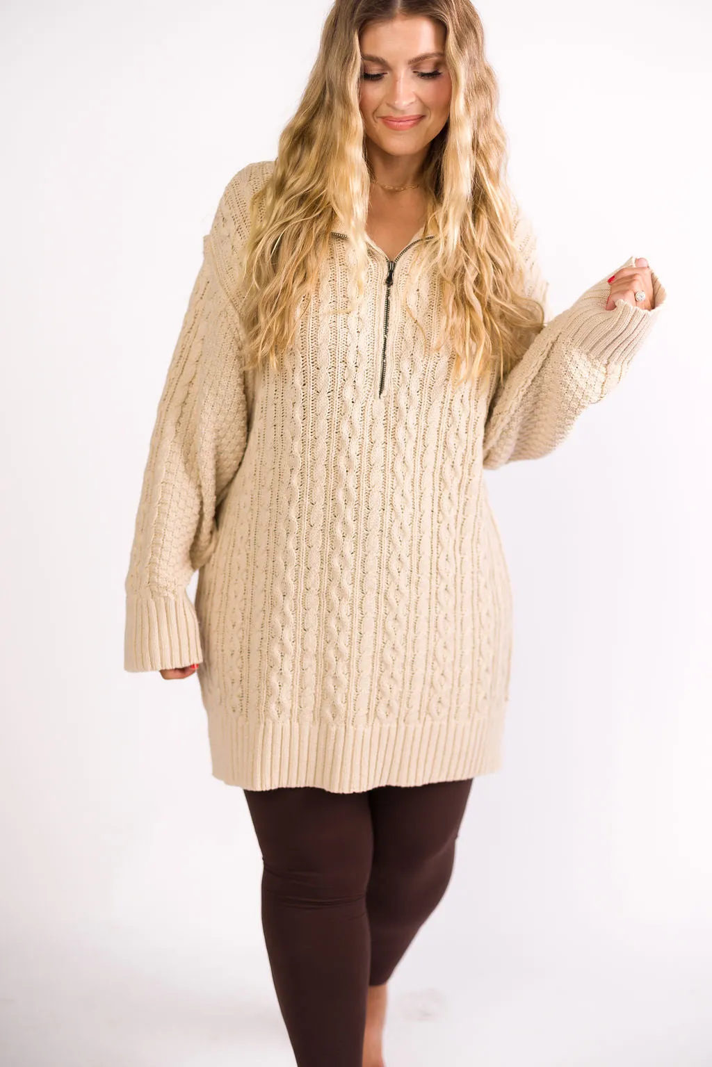 Jenna Cable-Knit Mini Sweater Dress in Oatmeal sold by Worth Collective product image thumbnail 2