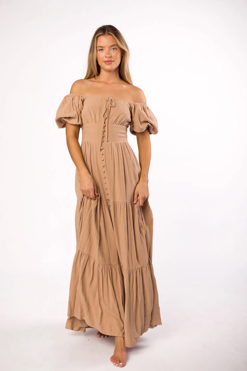Genevieve Tiered Maxi Dress in Latte sold by Worth Collective