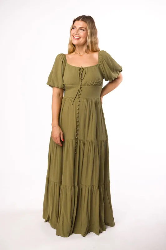 Genevieve Tiered Maxi Dress in Olive sold by Worth Collective