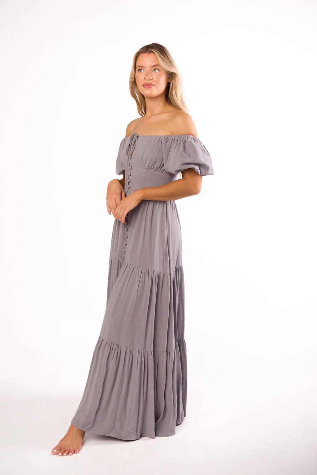 Genevieve Tiered Maxi Dress in Slate Grey sold by Worth Collective