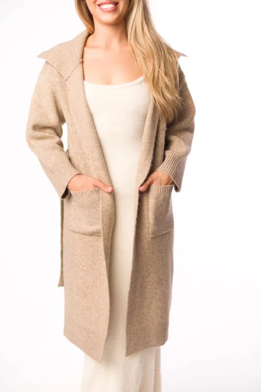 Lenore Coatigan with Ribbed Collar & Pockets in Mushroom sold by Worth Collective