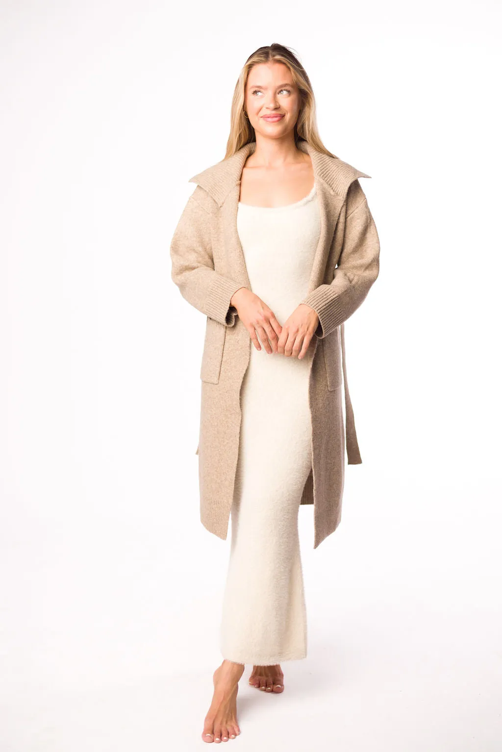 Lenore Coatigan with Ribbed Collar & Pockets in Mushroom sold by Worth Collective product image thumbnail 5