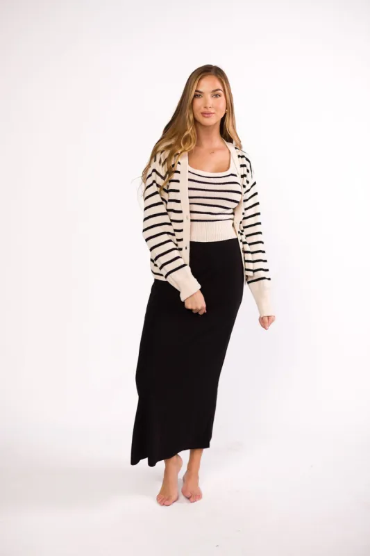 Stella Stripe Top and Cardigan Set in Natural Black sold by Worth Collective