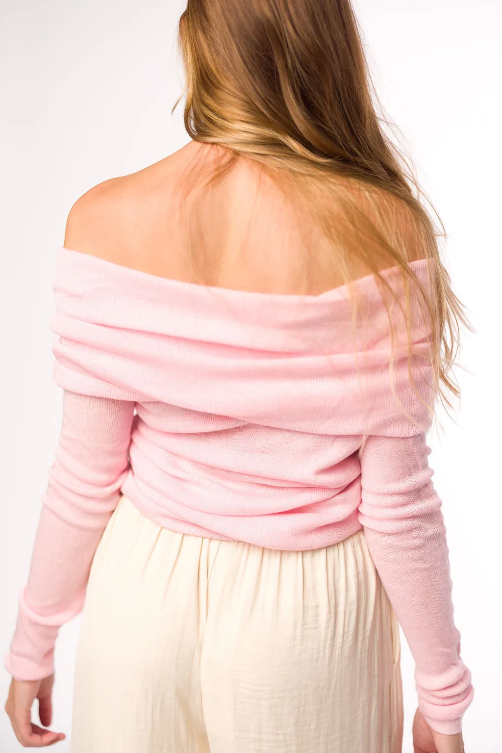 Laurel Off-the-Shoulder Thin Rib Sweater Top in Pink sold by Worth Collective product image thumbnail 5