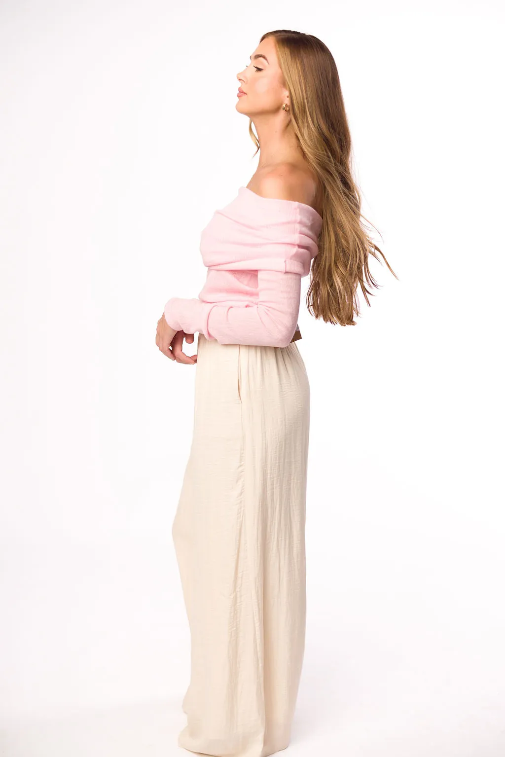 Laurel Off-the-Shoulder Thin Rib Sweater Top in Pink sold by Worth Collective product image thumbnail 2