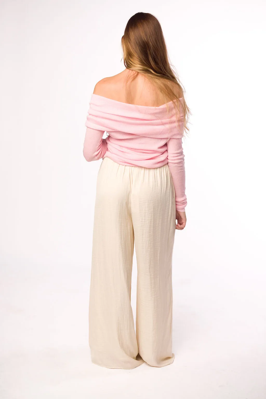 Laurel Off-the-Shoulder Thin Rib Sweater Top in Pink sold by Worth Collective product image thumbnail 4