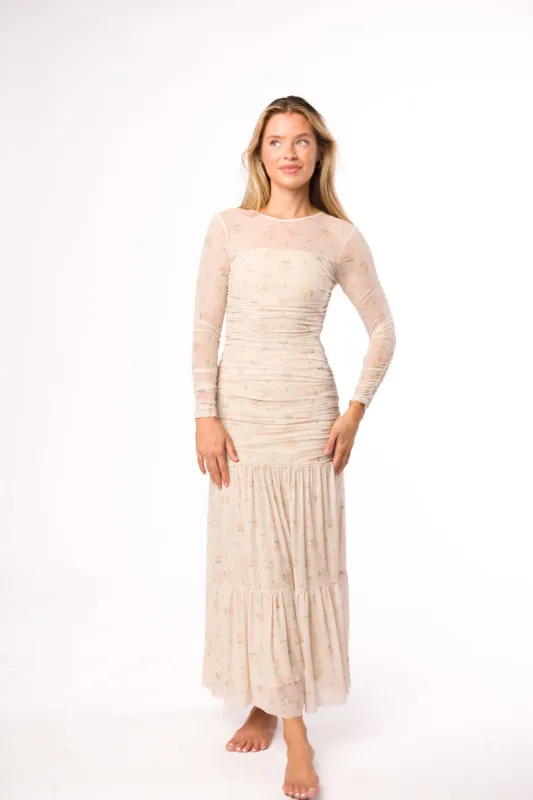 Camille Mesh Gathered Side Seam Maxi Dress in Nude Multi Floral - Bump Friendly sold by Worth Collective