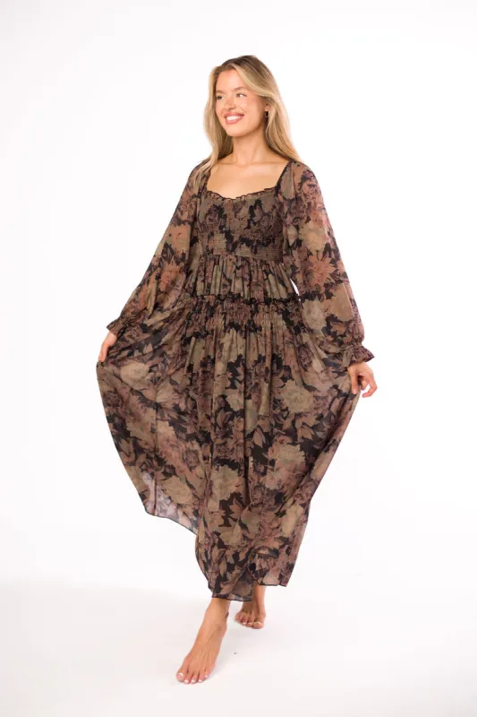 Blaine Smocked Maxi Dress in Black Floral *Final Sale* sold by Worth Collective
