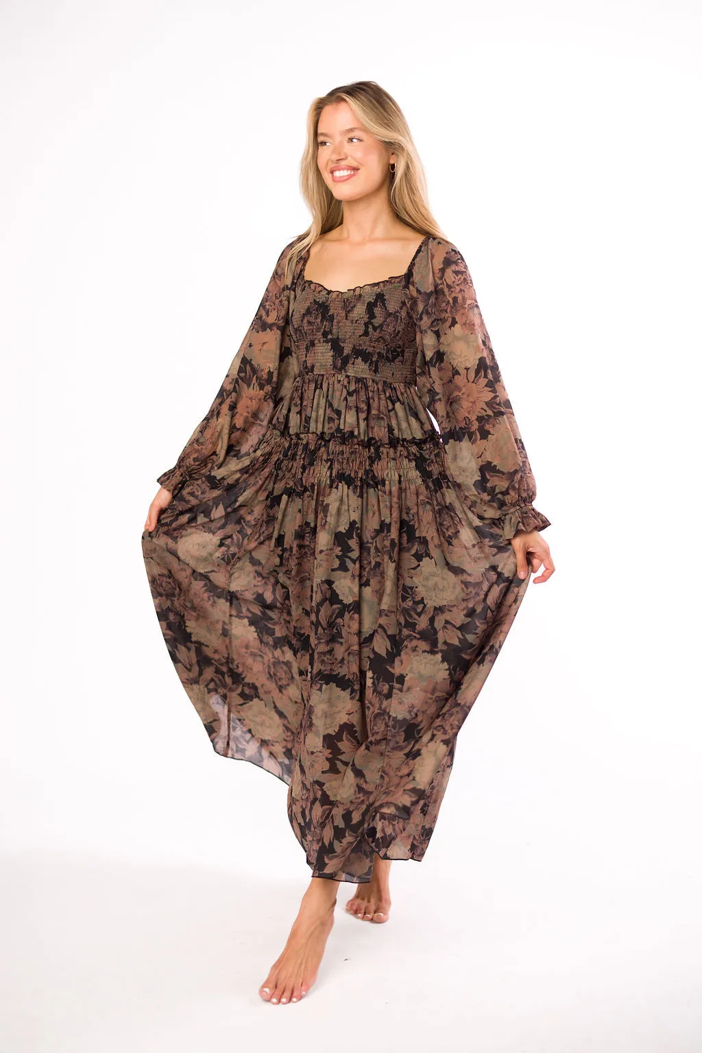 Blaine Smocked Maxi Dress in Black Floral *Final Sale* sold by Worth Collective