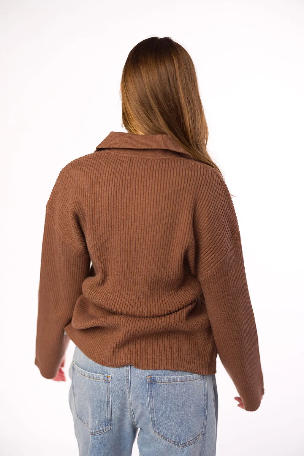 Carson Button Front Cardigan with Collar in Cocoa sold by Worth Collective product image thumbnail 4