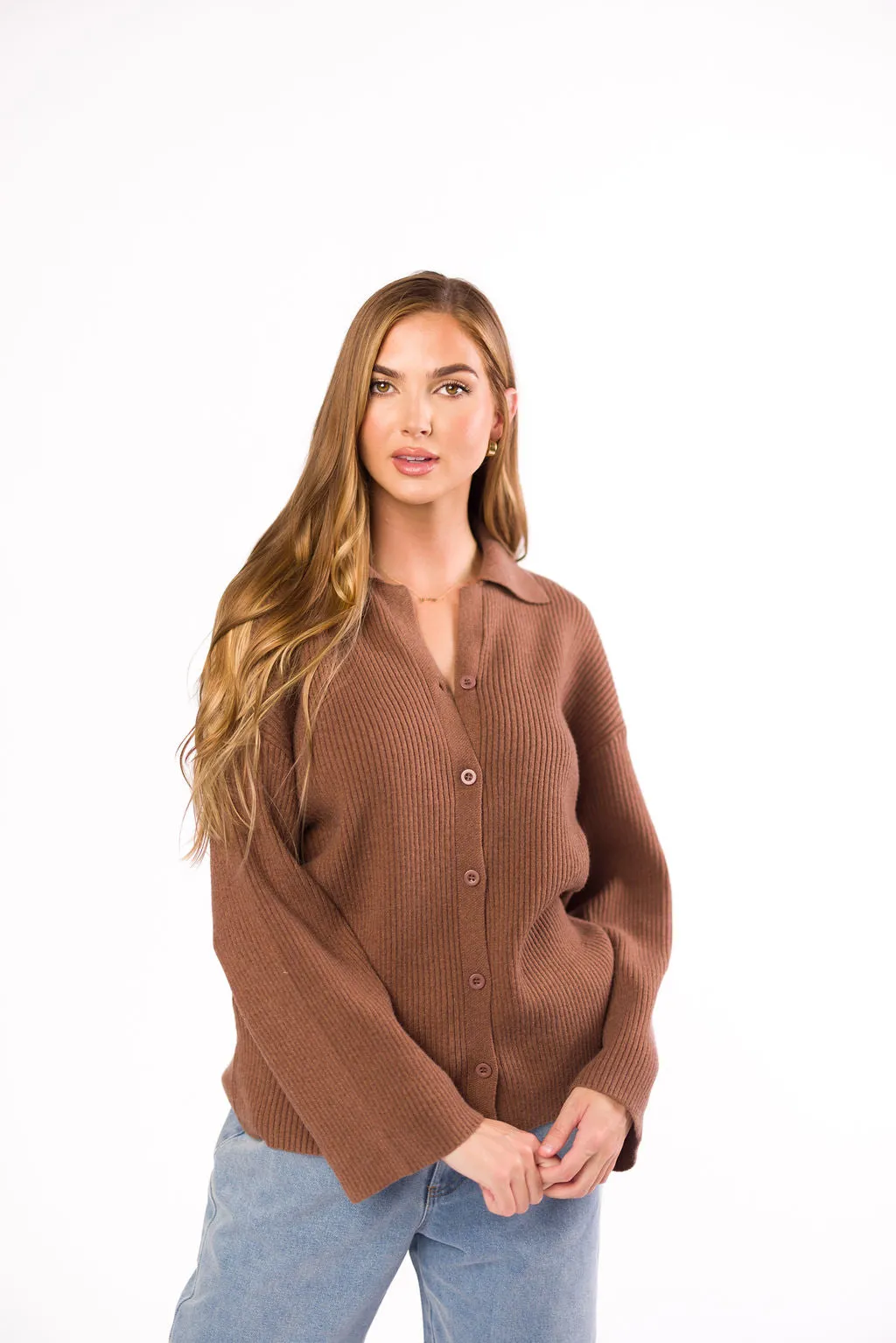 Carson Button Front Cardigan with Collar in Cocoa sold by Worth Collective product image thumbnail 2