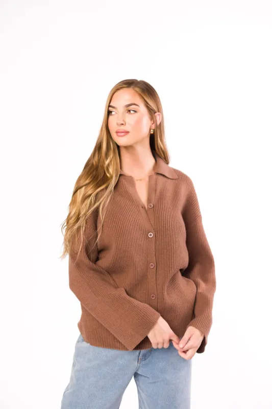 Carson Button Front Cardigan with Collar in Cocoa sold by Worth Collective