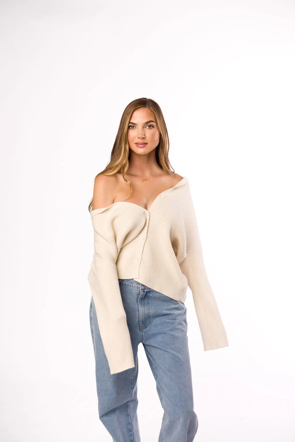 Carson Button Front Cardigan with Collar in Cream sold by Worth Collective product image thumbnail 2