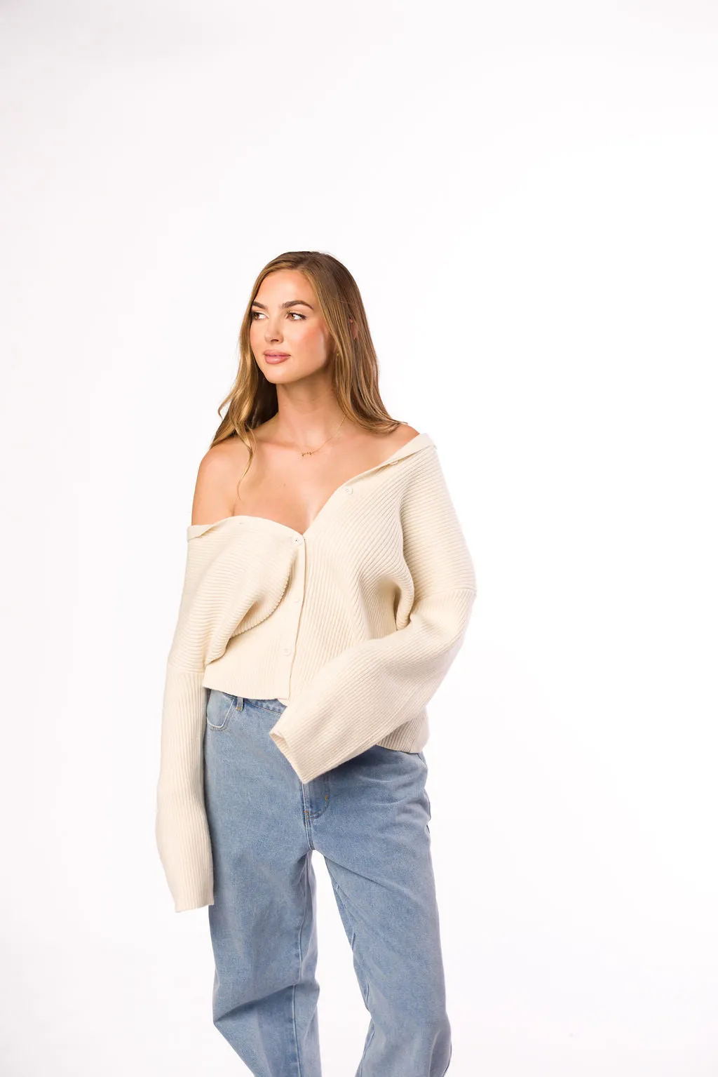 Carson Button Front Cardigan with Collar in Cream sold by Worth Collective