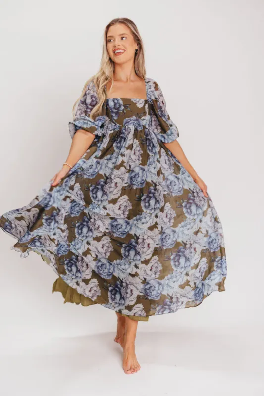 Mona Maxi Dress in Olive/Blue Floral - Bump Friendly sold by Worth Collective